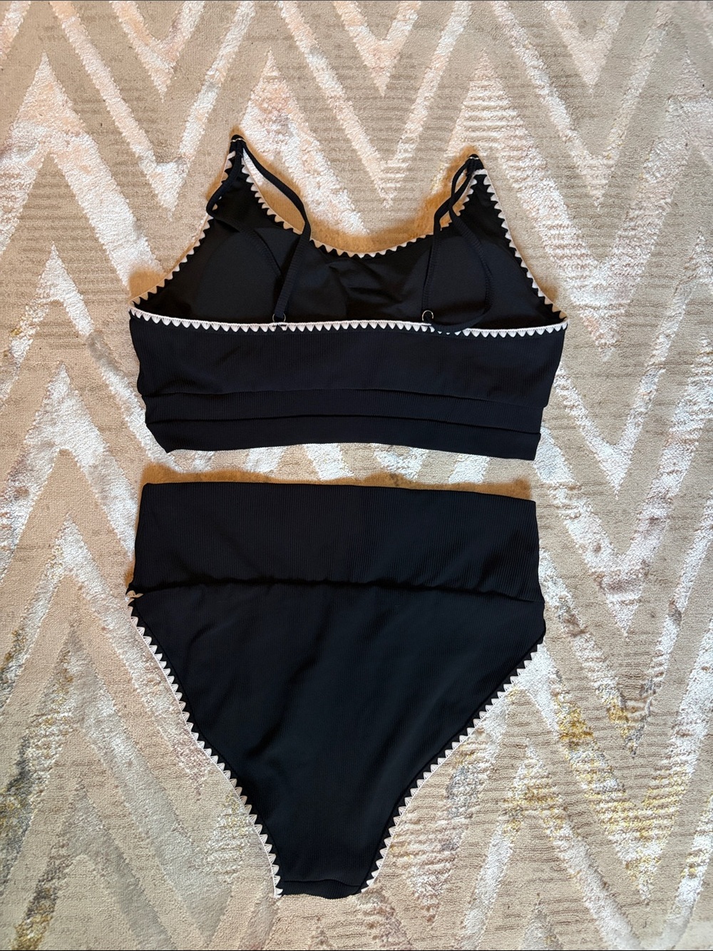 NEW Black Two-Piece Swimsuit with White Zigzag Trim - Picture 5 of 6